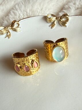 Gold Adjustable Hammered Ring with Pink and Opal Stones